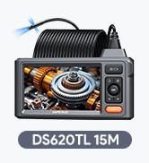 Handheld device with screen displaying colorful visuals. Connected to a flexible, snake-like camera probe. Text 'DS300 DL' visible on device.