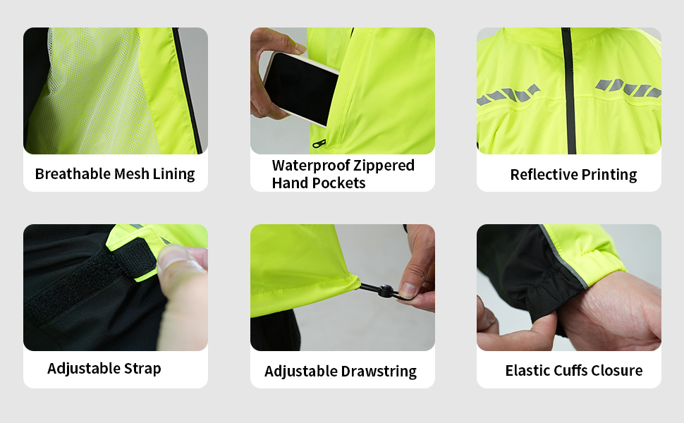 Text reads "WATERPROOF FABRIC" with labeled close-up details: "Adjustable branding," "Zipped Connection," "Removable Hood Folded Into Collar," "Adjustable Velcro Strap Closure." Neon yellow waterproof jacket with water droplets demonstrating fabric protection.