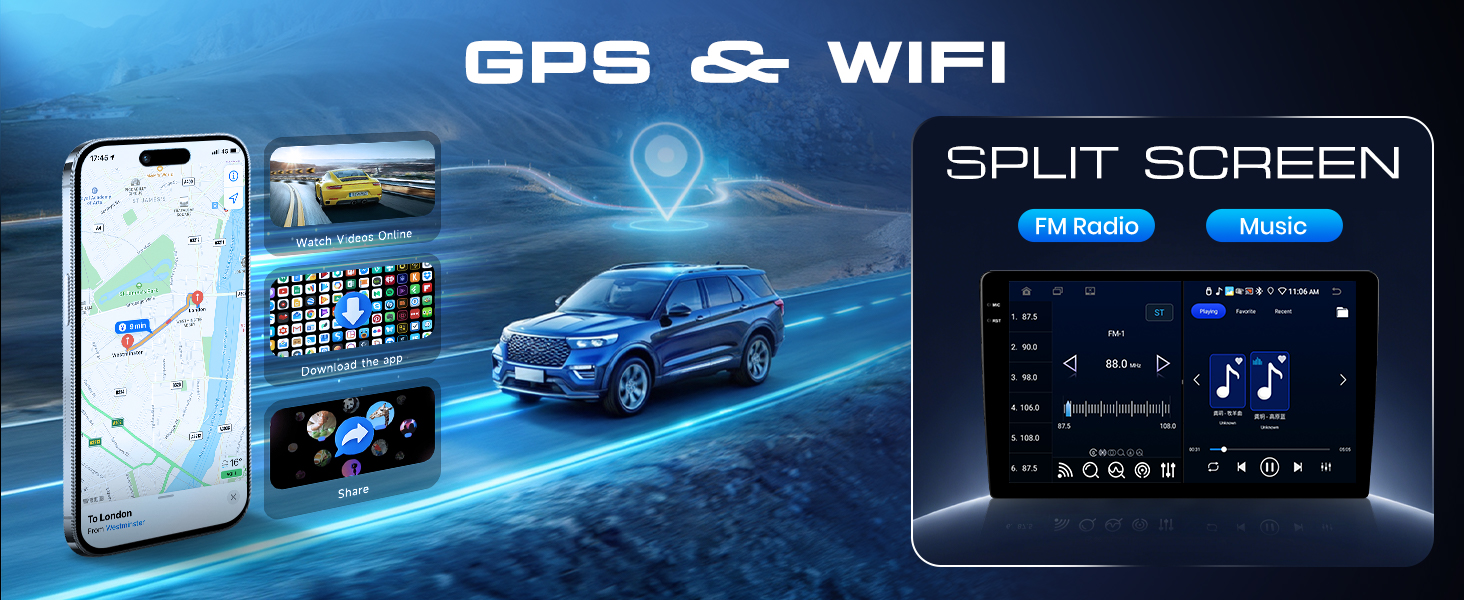 Text reads 'WIRELESS Carplay/Android Auto/Mirror Link'. Digital car dashboard interface showing navigation and phone connectivity options with blue illuminated display.