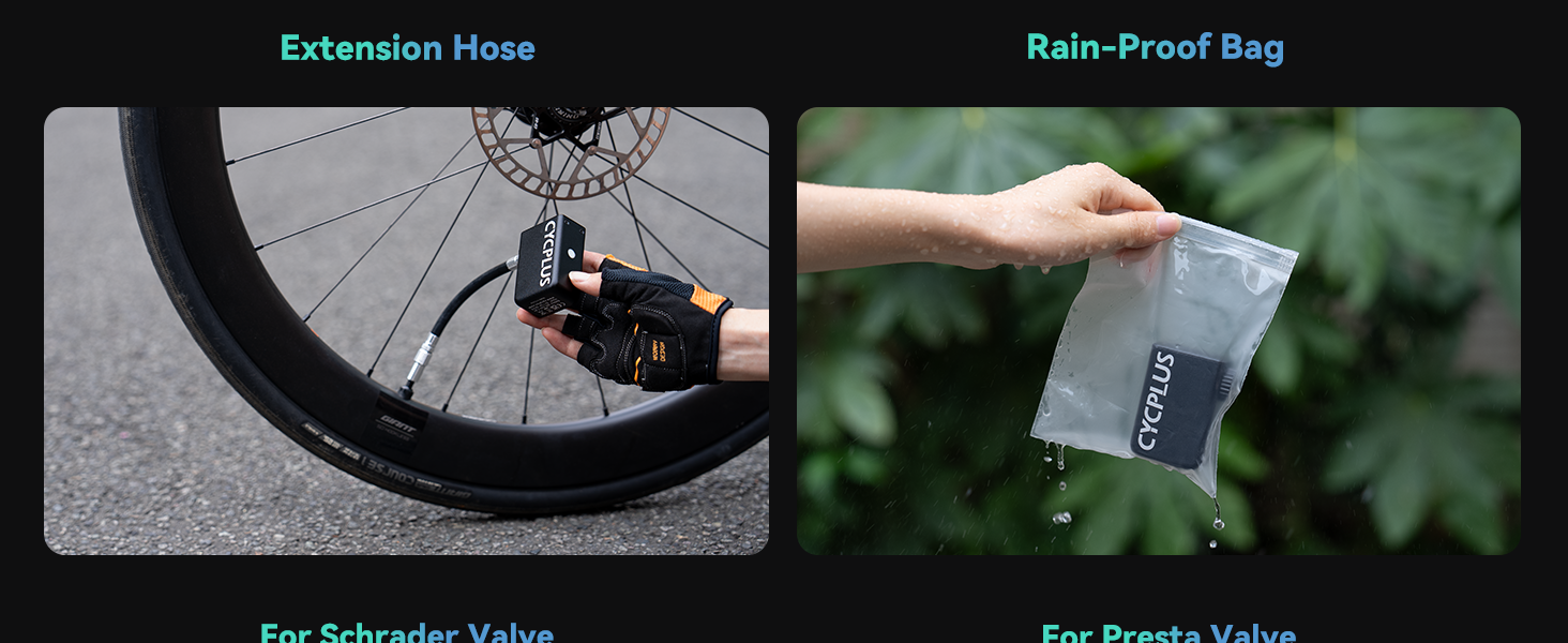 Split image showing bicycle tire valve extension hose on left and waterproof protective bag on right.