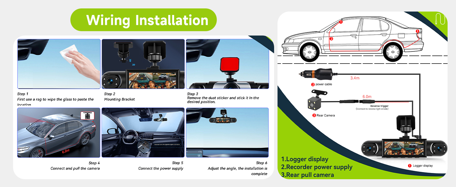 Text reads 'Wiring Installation'. Technical illustration showing multiple panels demonstrating automotive wiring installation steps with diagrams and connection points.