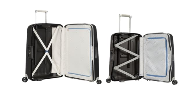 Black hard-shell luggage features showing USB charging port, TSA lock, telescoping handle, and wheel system details in multiple product angles.