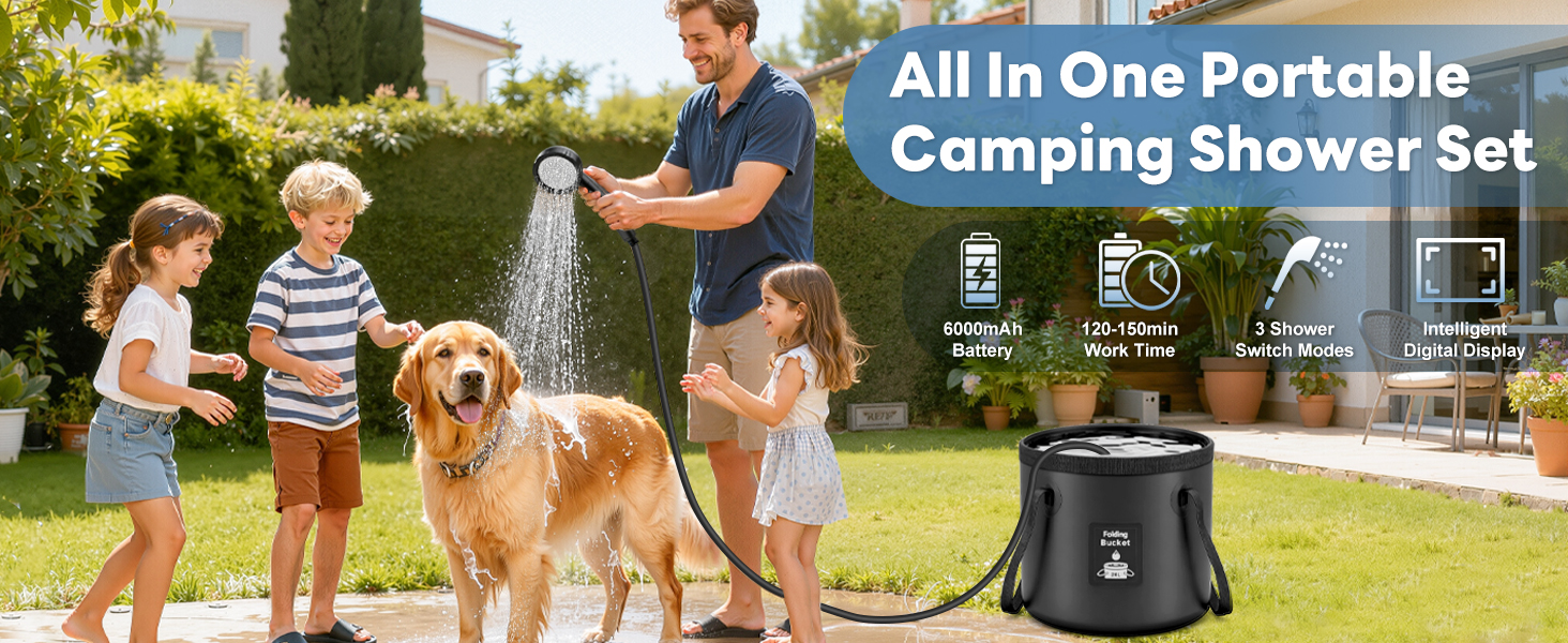 Text reads 'All in One Portable Camping Shower Set'. Outdoor scene showing portable camping shower being used by people in backyard setting.