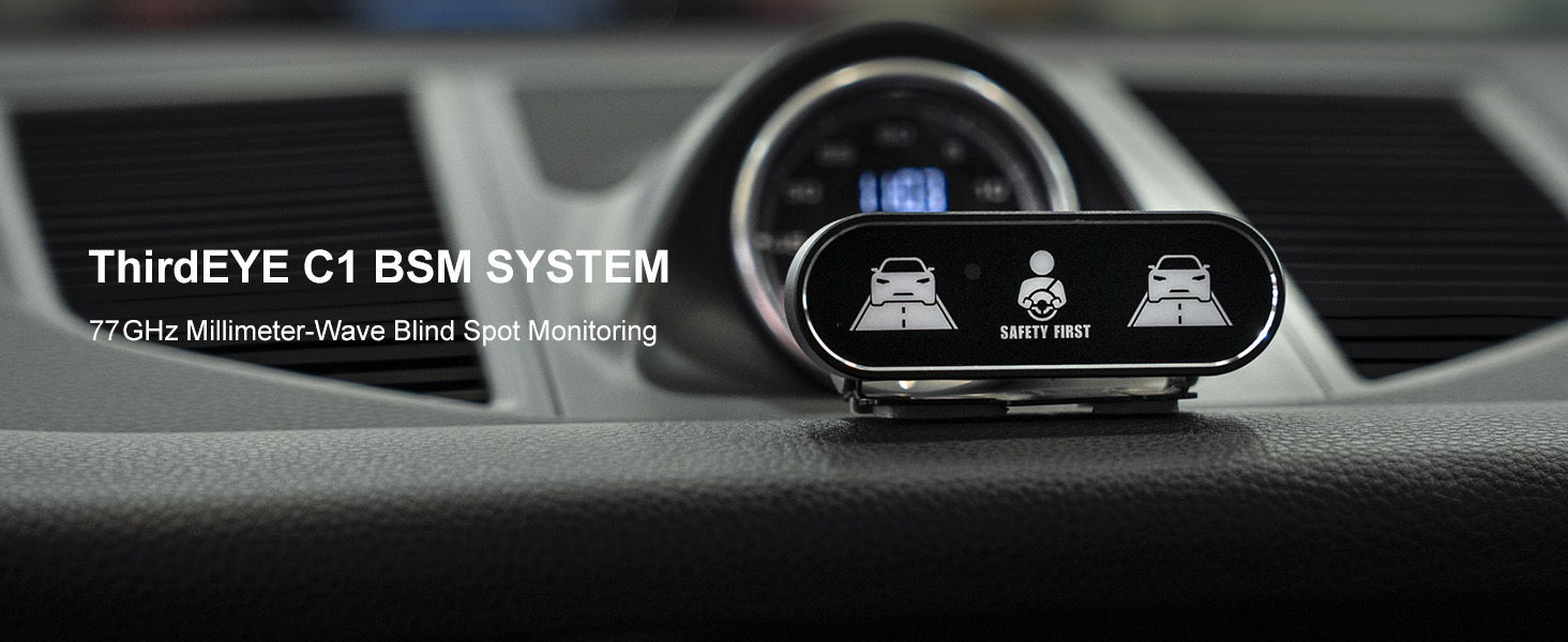 Text reads: 'THIRDEYE G1 BSM SYSTEM' showing digital display device mounted on car dashboard with three icon indicators.