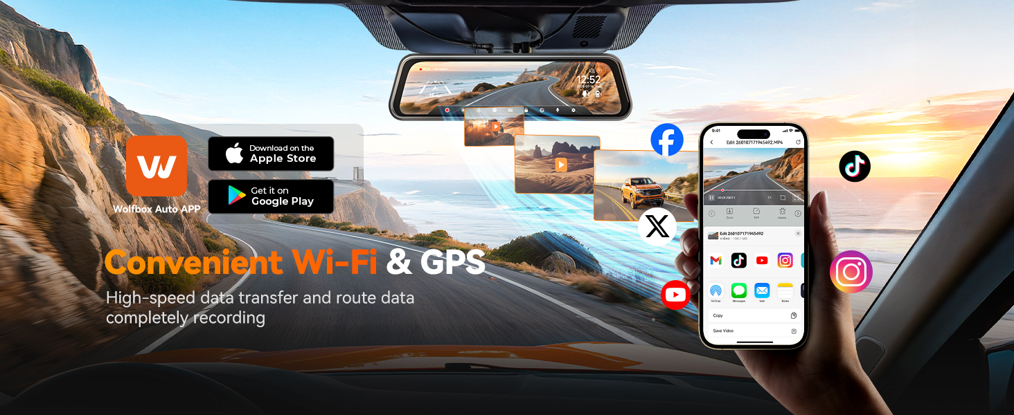 Text reads 'Connette la Wi-Fi & GPS'. Dashboard view showing mobile device connectivity interface with app store icons and rearview mirror mount.
