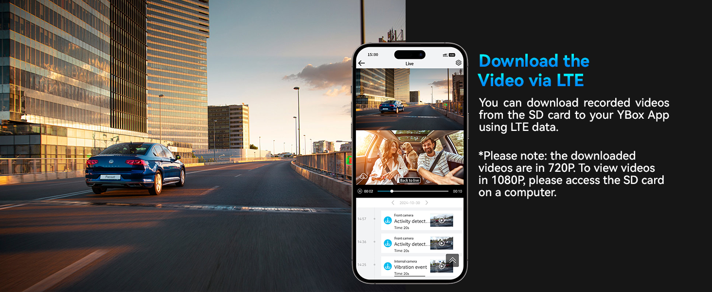 Smartphone displaying video download interface with LTE capability. Screen shows thumbnails and download options. Background features urban setting with car and buildings at sunset.