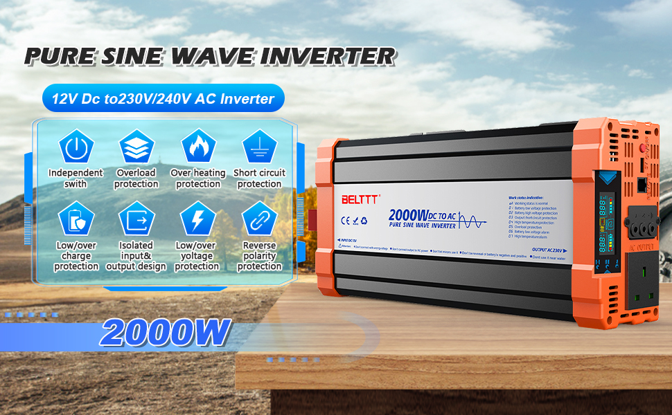 Text reads 'PURE SINE WAVE INVERTER' and '2000W'. Product images showing orange and white power inverter with technical specifications and outdoor usage scenario.