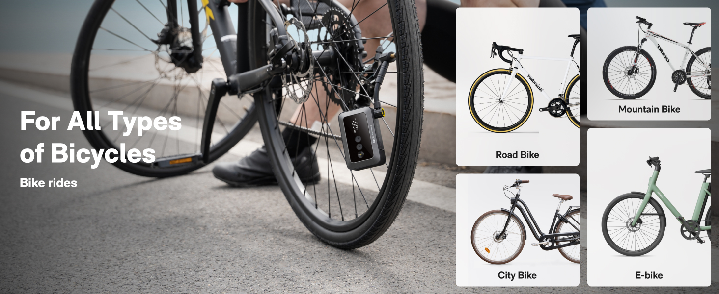 Bicycle wheel on pavement with inset images of various bicycle types: road bike, mountain bike, city bike, and e-bike. Text reads 'For All Types of Bicycles'.
