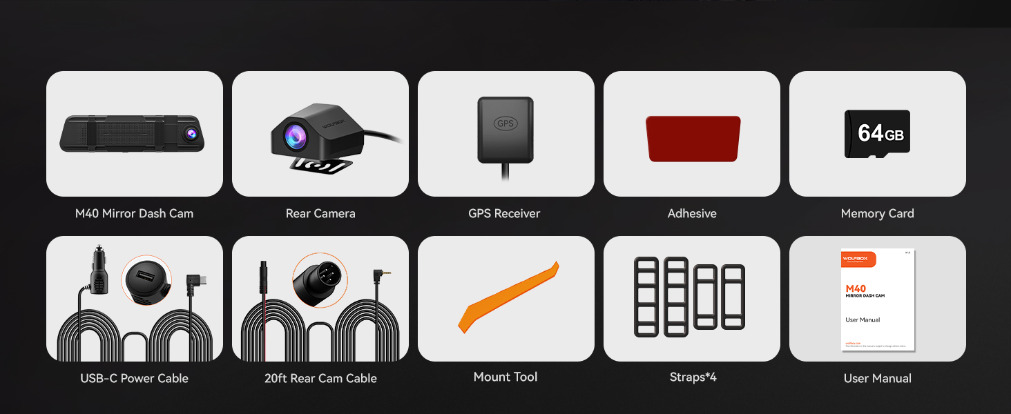 Product accessory kit display with multiple components including electronic parts, cables, and storage units shown as icons on black background.