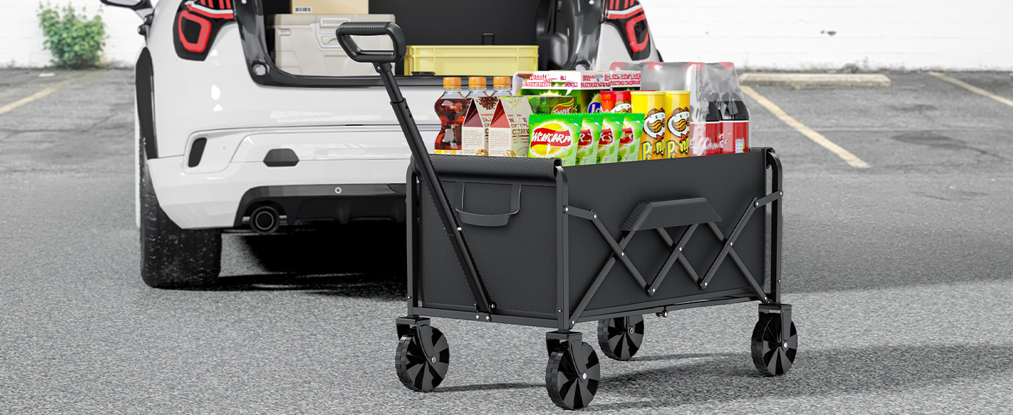 Collapsible utility wagon shown in multiple views - expanded for use, folded for storage, and loaded with items. Features black metal frame and fabric sides.