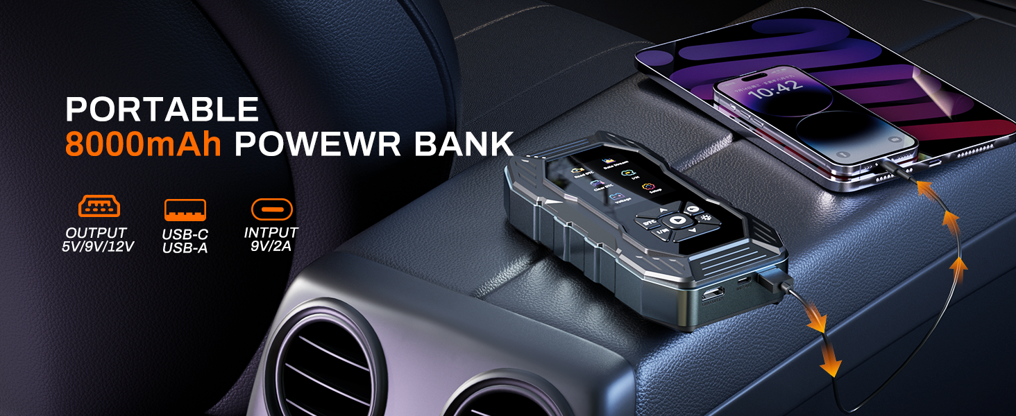 Text reads 'PORTABLE 8000mAh POWEWR BANK'. Technical product illustration showing black portable charger device with highlighted feature callouts on dark background.