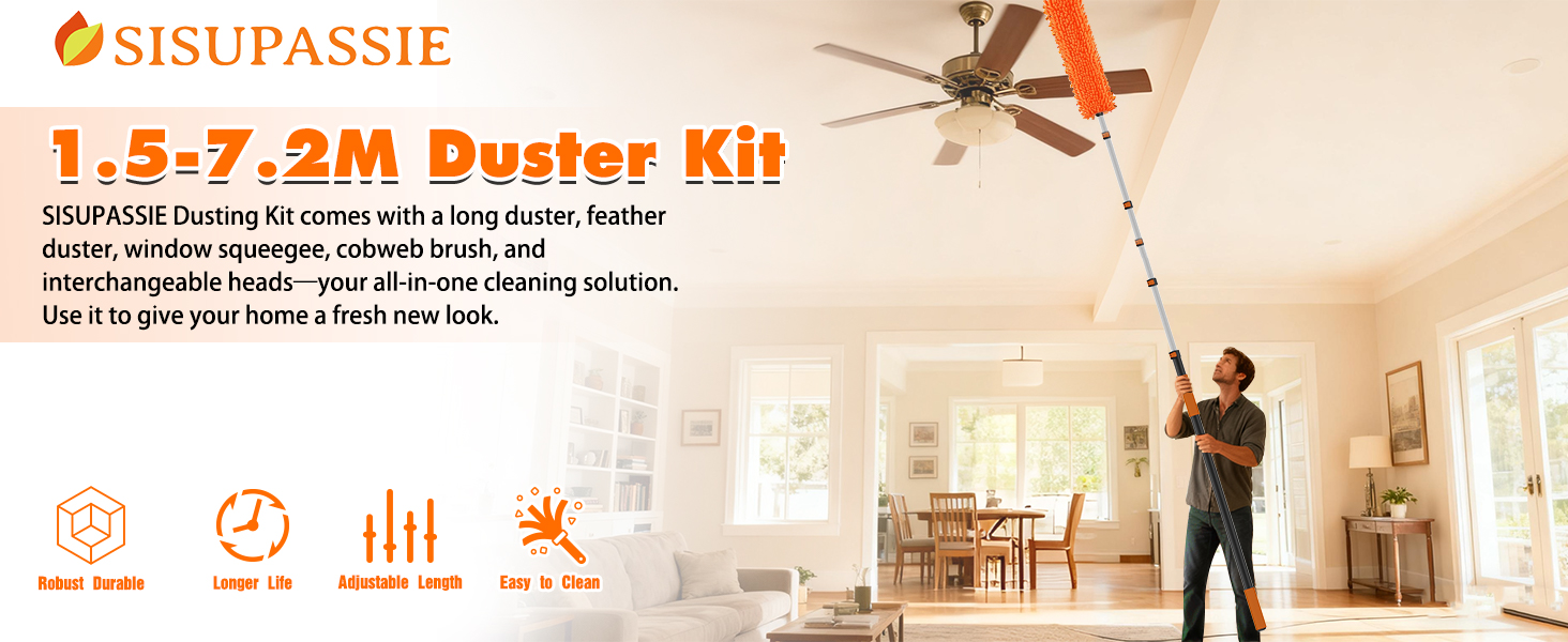 Text reads 'SISUPASSIE' and '1.5+7.2M Duster Kit'. Marketing image showing cleaning tool being used to reach high areas, with product specifications and benefit icons.