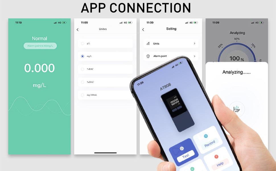 Smartphone app interface displaying 'APP CONNECTION' with multiple screens showing measurement data and connection settings.
