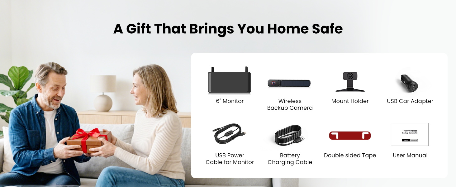 Text reads 'A Gift That Brings You Home Safe'. Security and smart home device accessories displayed: multiple black electronic components, cables, mounting brackets, and installation hardware arranged horizontally.