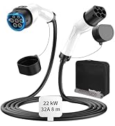 Electric vehicle charging cable with two connectors. White handles, black cable. 22 kW, 32A, 5m length. Includes storage case and protective caps.