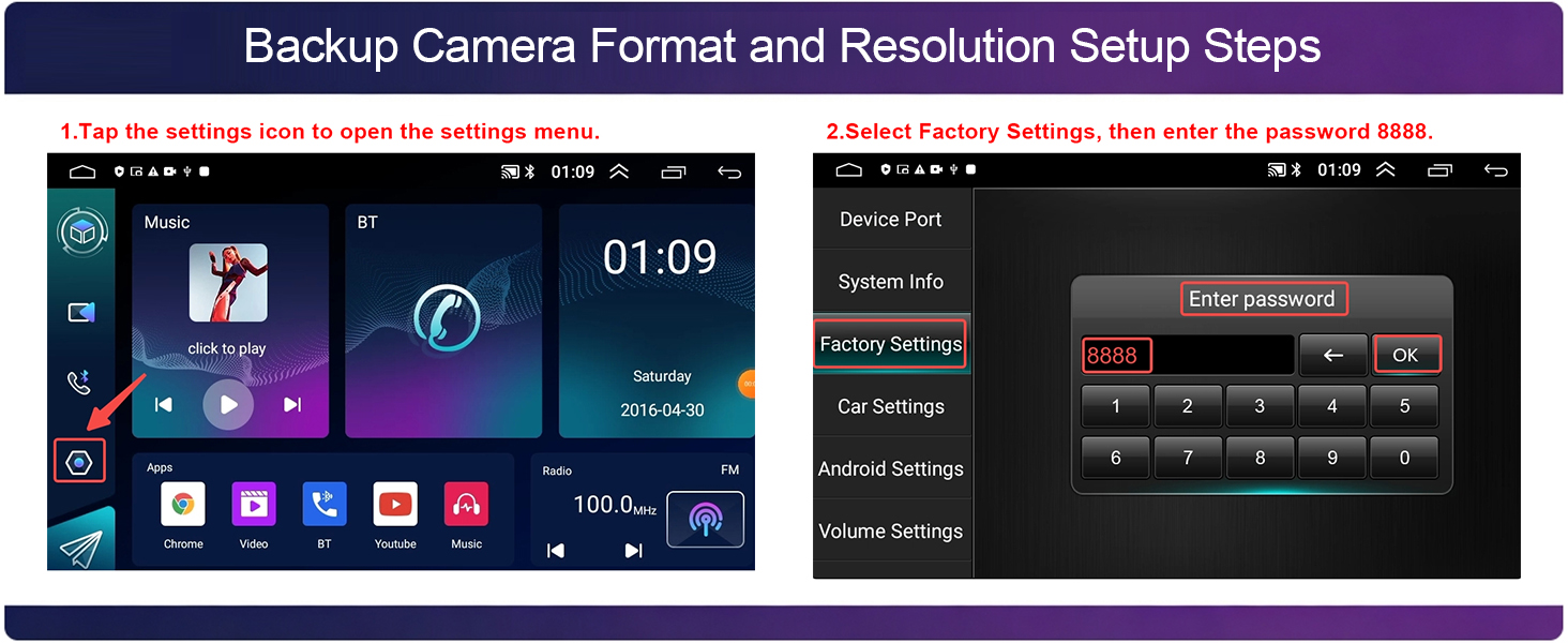 Text reads 'Backup Camera Format and Resolution Setup Steps.' Two smartphone screens displaying setup menus with technical settings, resolution options, and camera configuration interfaces.