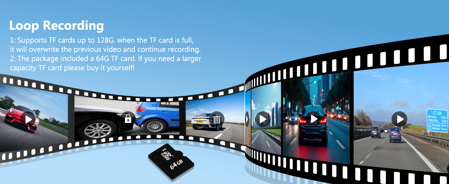 Text reads 'Loop Recording'. Series of animated illustrations showing dashcam recording feature with film strip elements and car icons against blue background.