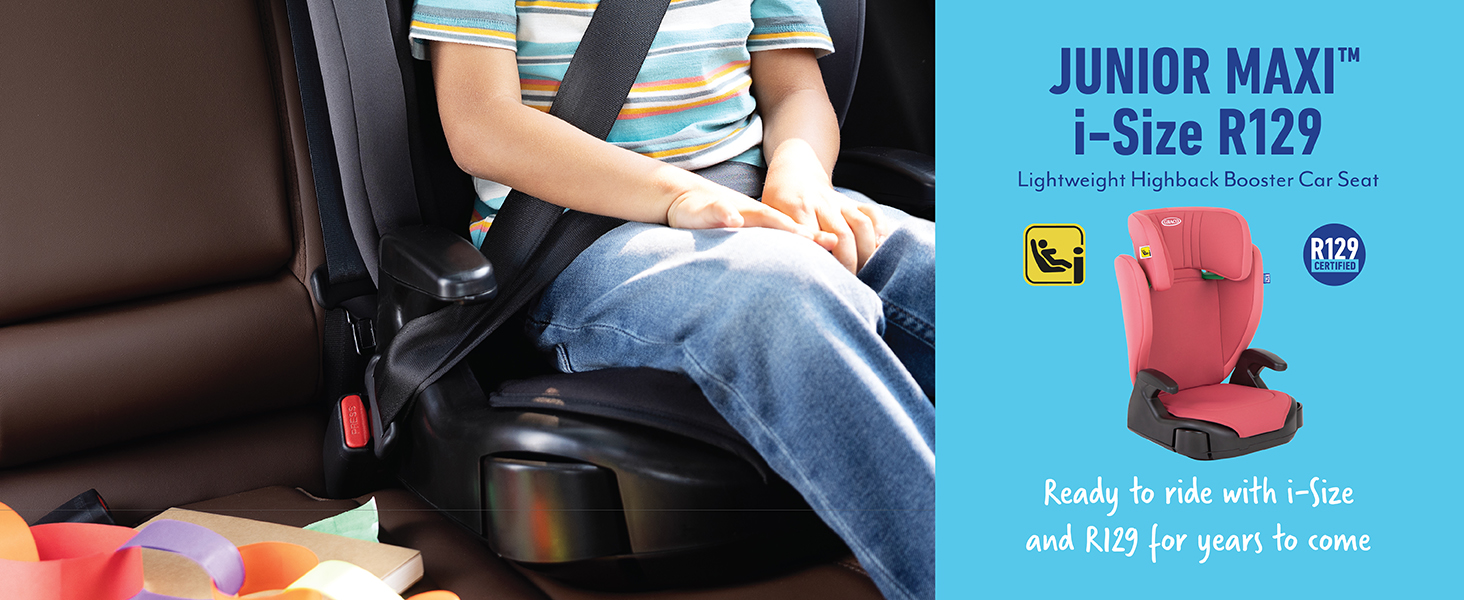 Text reads 'JUNIOR MAXI i-Size R129'. Car seat demonstration image showing secured installation in vehicle, with product photo showing pink booster seat.