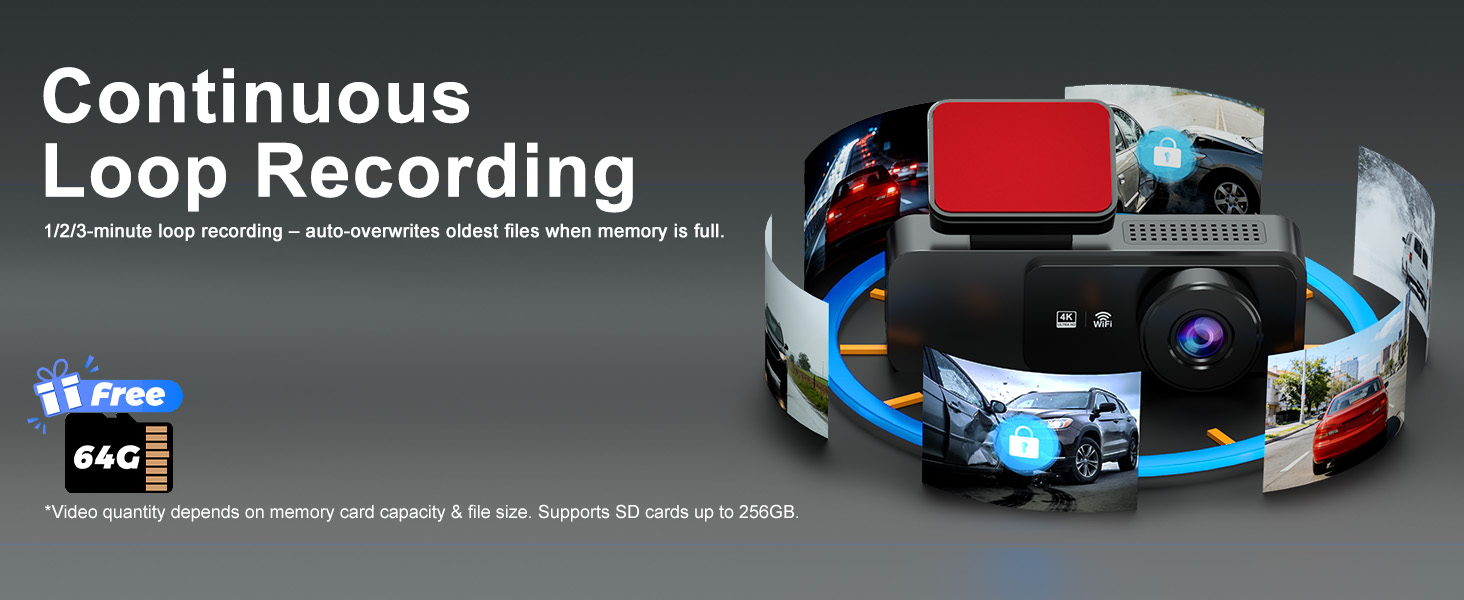 Text reads 'Continuous Loop Recording'. Dashboard camera view showing continuous recording feature with time indicator and multiple viewing angles of vehicle surroundings.