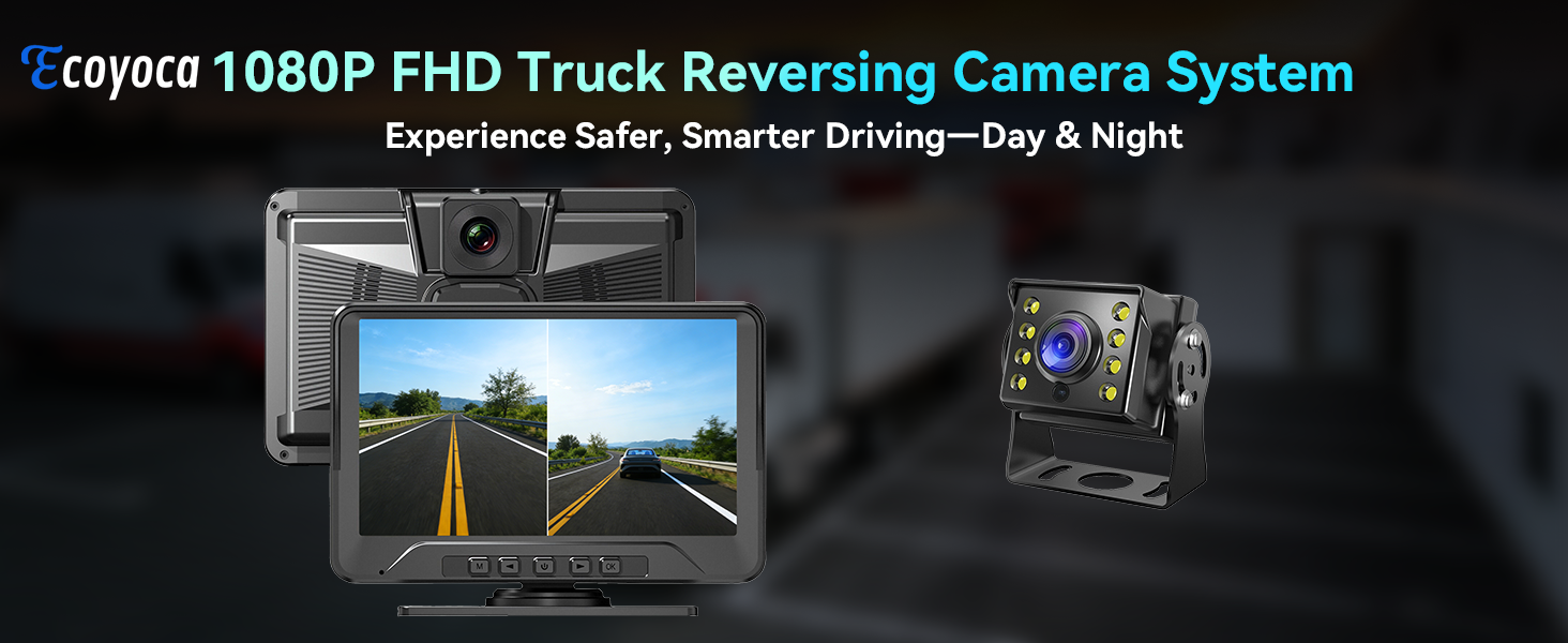 Text reads 'Toyota 1080P FHD Truck Reversing Camera System - Experience safer, smarter Driving—Day & Night'. Multiple screens showing backup camera views in daylight and nighttime conditions.