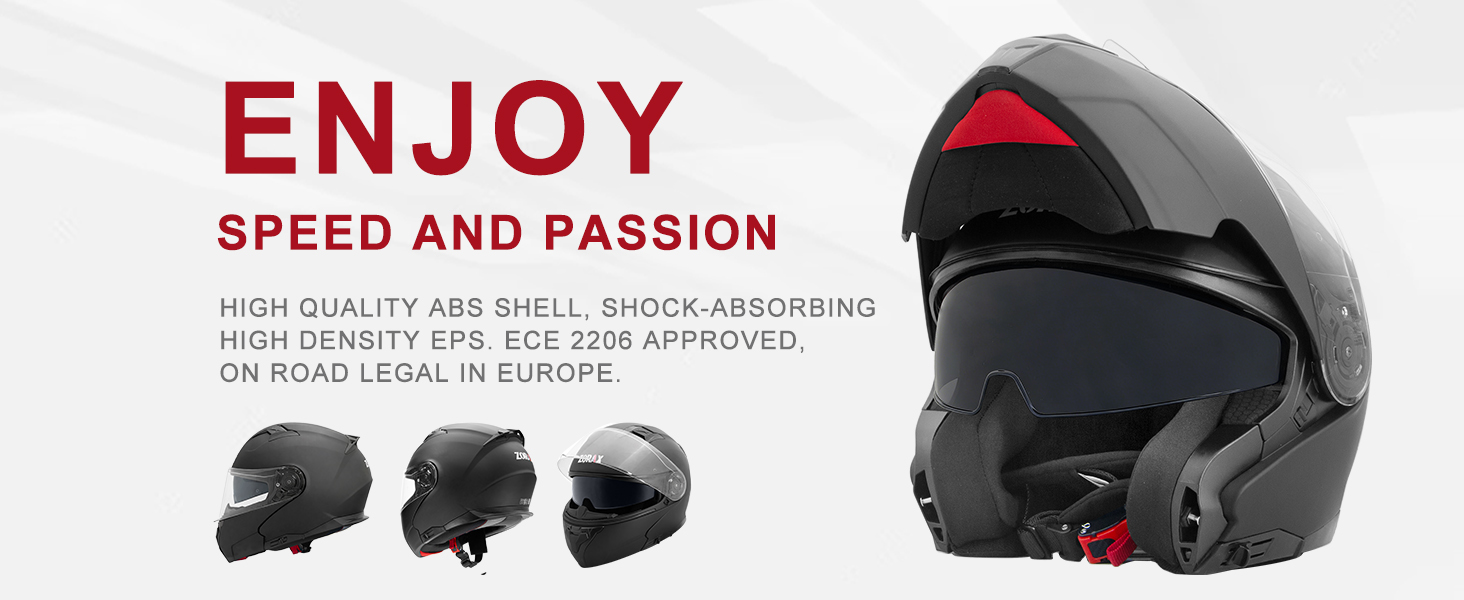 Text reads 'ENJOY' and 'SPEED AND PASSION'. Display of black motorcycle helmets with text 'HIGH QUALITY ABS SHELL, SHOCK-ABSORBING' and 'DOT & ECE APPROVED'.