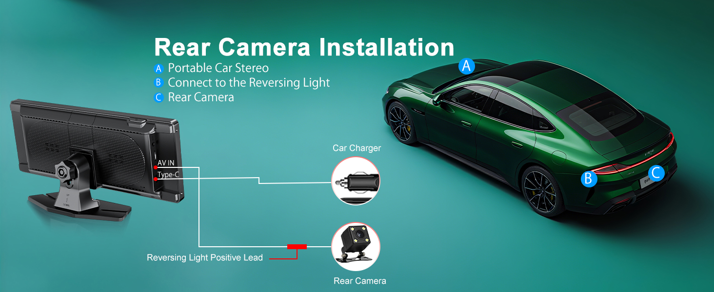 Text reads 'Rear Camera Installation'. Technical diagram showing installation steps for a rear camera system with arrows and connection points.