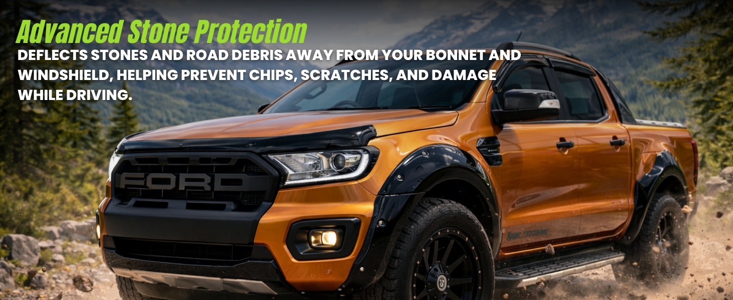 Text reads 'Advanced Stain Protection' with vehicle specifications and warranty information below. Orange pickup truck on dirt road shown.