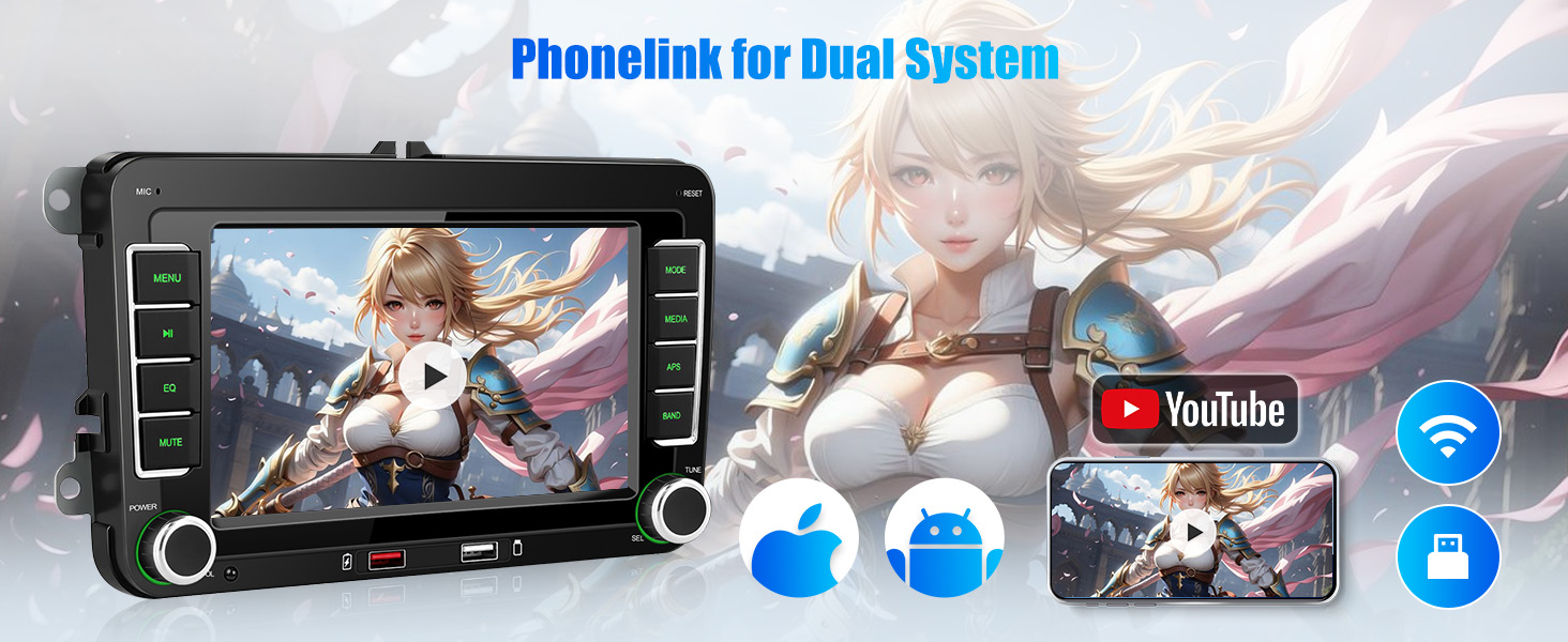 Text reads 'Phonelink for Dual System'. In-car touchscreen display unit with 7-inch monitor, multiple control knobs, USB ports, and companion wireless connectivity icons showing YouTube and WiFi compatibility.