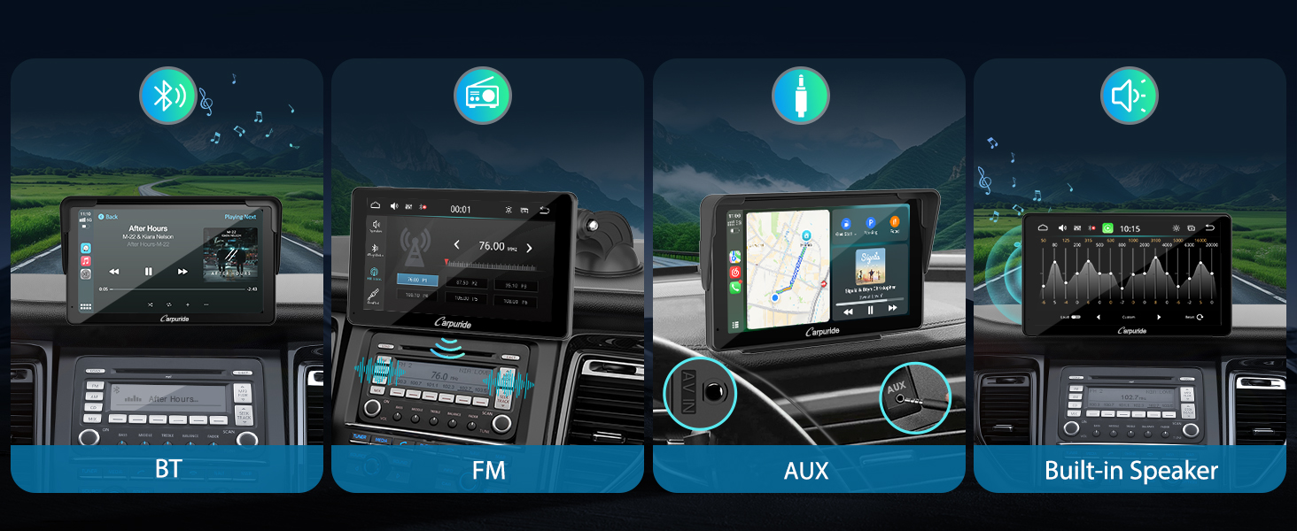 Car dashboard with GPS navigation device displaying map and route. Device shows voice command icon, weather, and music apps. Hand reaching towards screen demonstrating touch interaction.