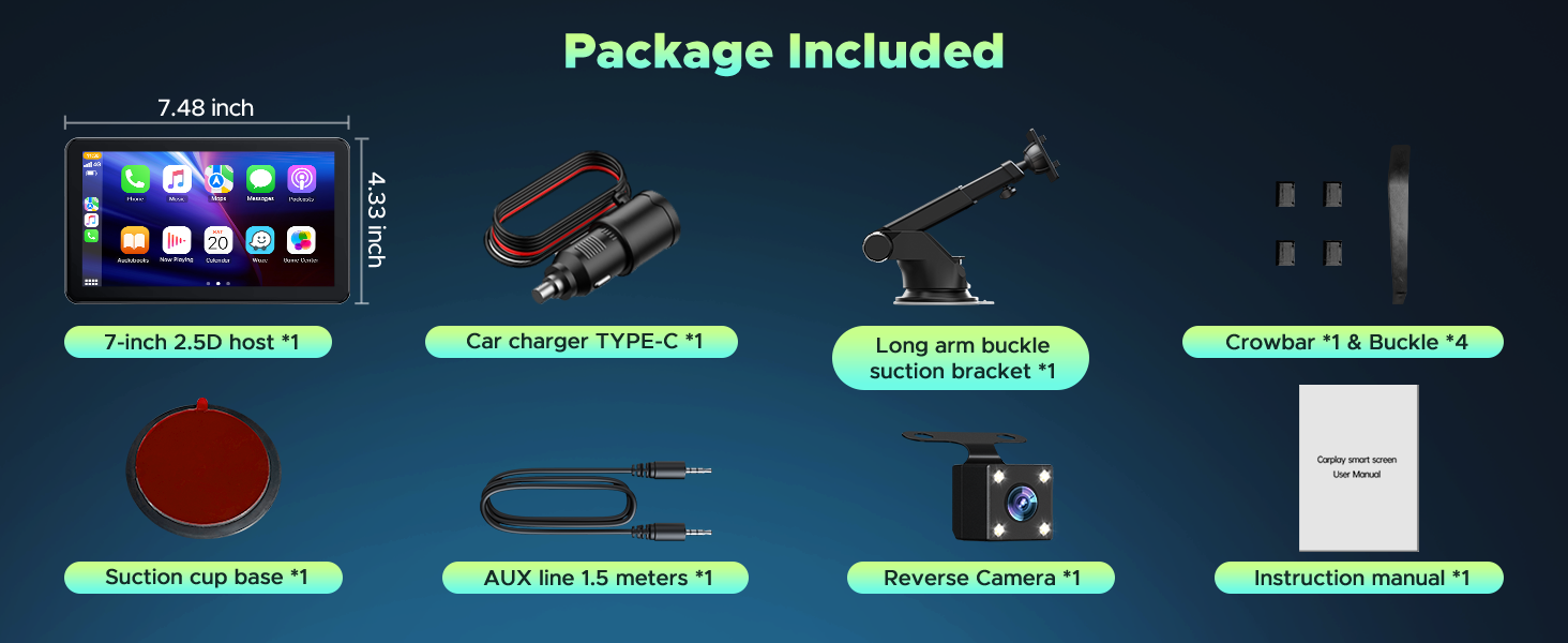 Package contents for electronic device including 7-inch touchscreen, car charger, suction mount, GPS antenna, and various cables and accessories.