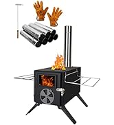 Portable stainless steel wood stove with extendable chimney, side shelves, and viewing window. Includes additional chimney sections and leather gloves. Fire visible inside stove and chimney.