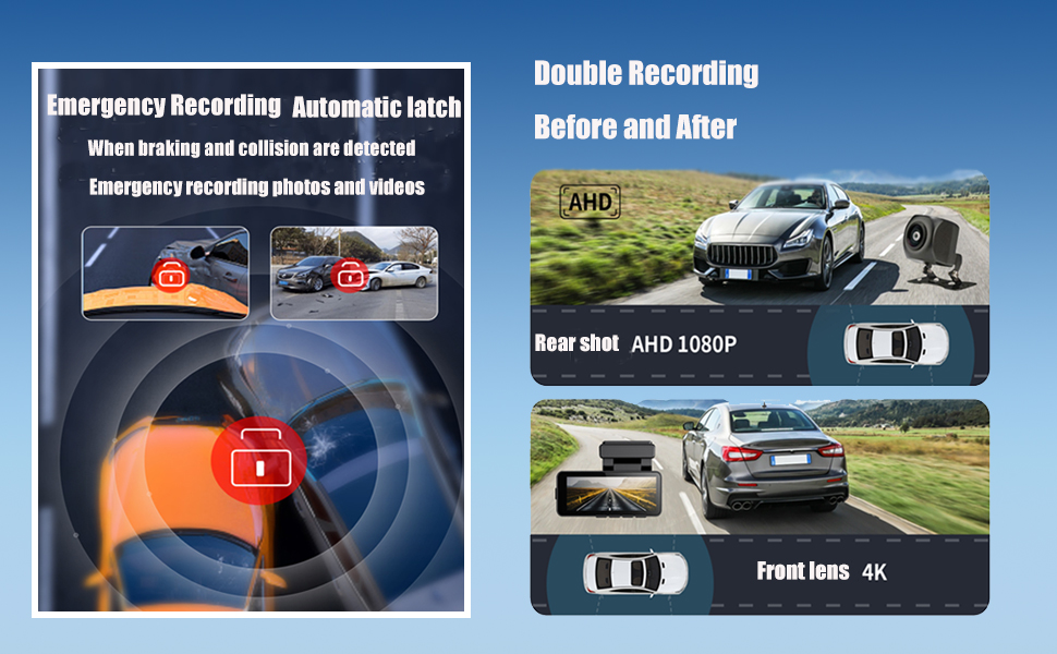 Text reads '170° Wide Angle Recording' and 'front facing camera with wide angle recording for a wide field of view'. Shows dashboard-mounted camera device with wide-angle lens.