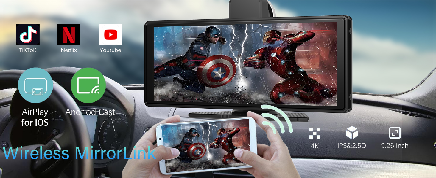 Car dashboard display showing wireless screen mirroring capability with mobile device streaming content to vehicle screen. App icons visible.