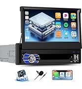 OiLiehu 4+64G 8-Core Android 15 Single Din Car Stereo Wireless CarPlay Android Auto, 7'' Flip Out...