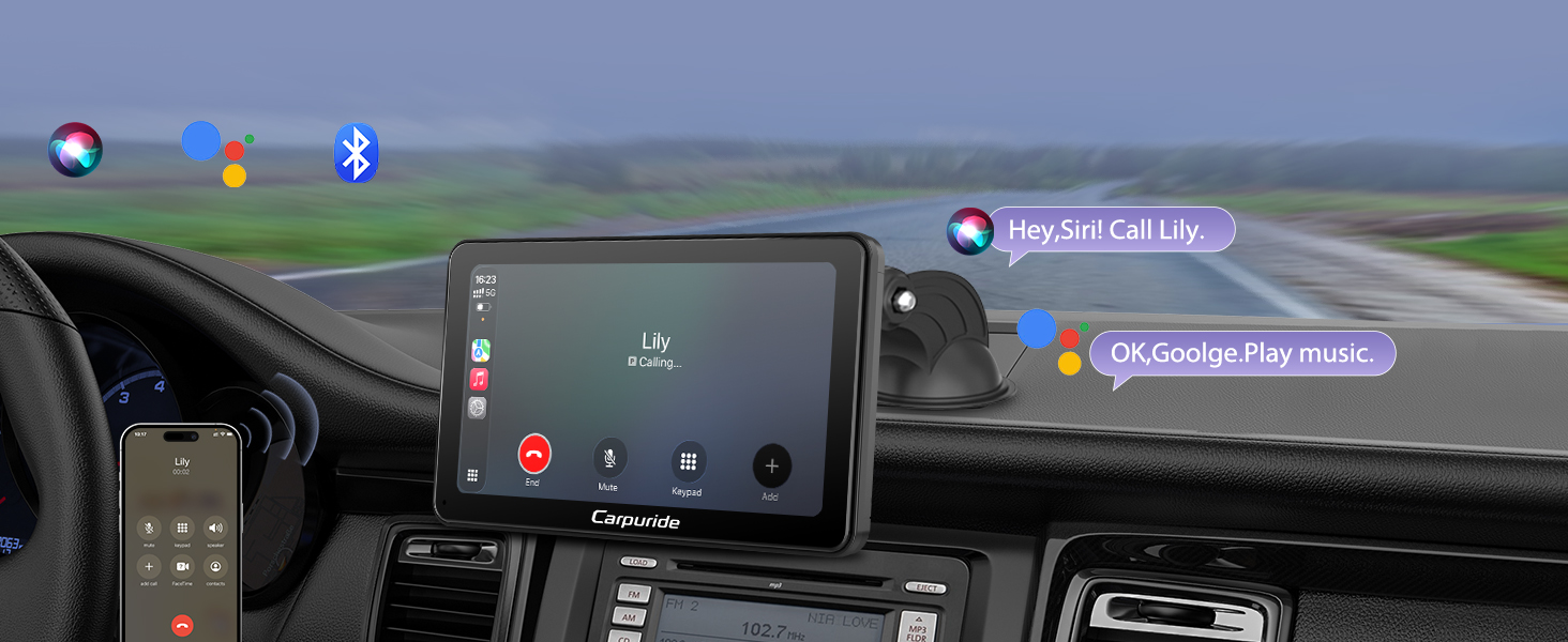 Vehicle dashboard displaying digital infotainment system with touchscreen showing navigation map, colorful app icons at top, steering wheel partially visible on left side of dashboard.