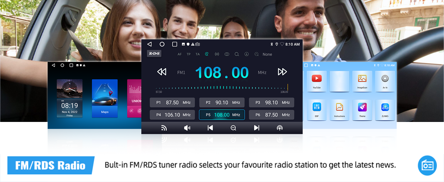 Car stereo interface showing FM/RDS radio tuner display at 108.00 MHz with multimedia controls and app icons on touchscreen interface.