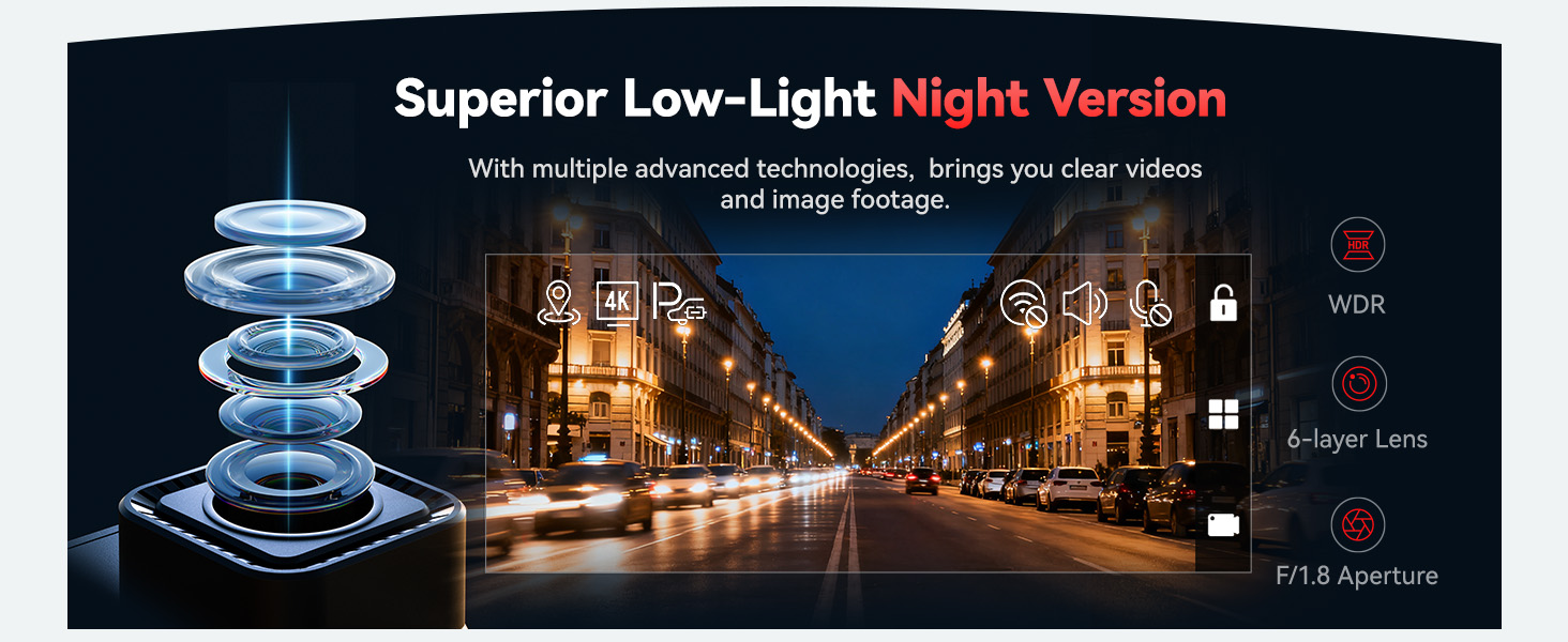 Text reads 'Superior Low-Light Night Version'. Night vision technology demonstration showing street scene comparison between standard and enhanced lighting modes.