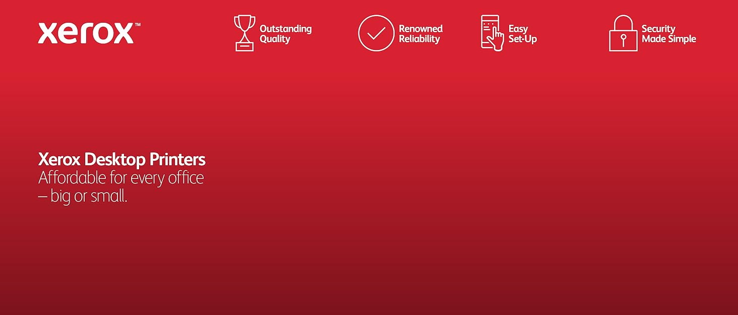 Text reads 'Xerox Desktop Printers'. Red banner design with Xerox branding and icons for various printer features or capabilities.