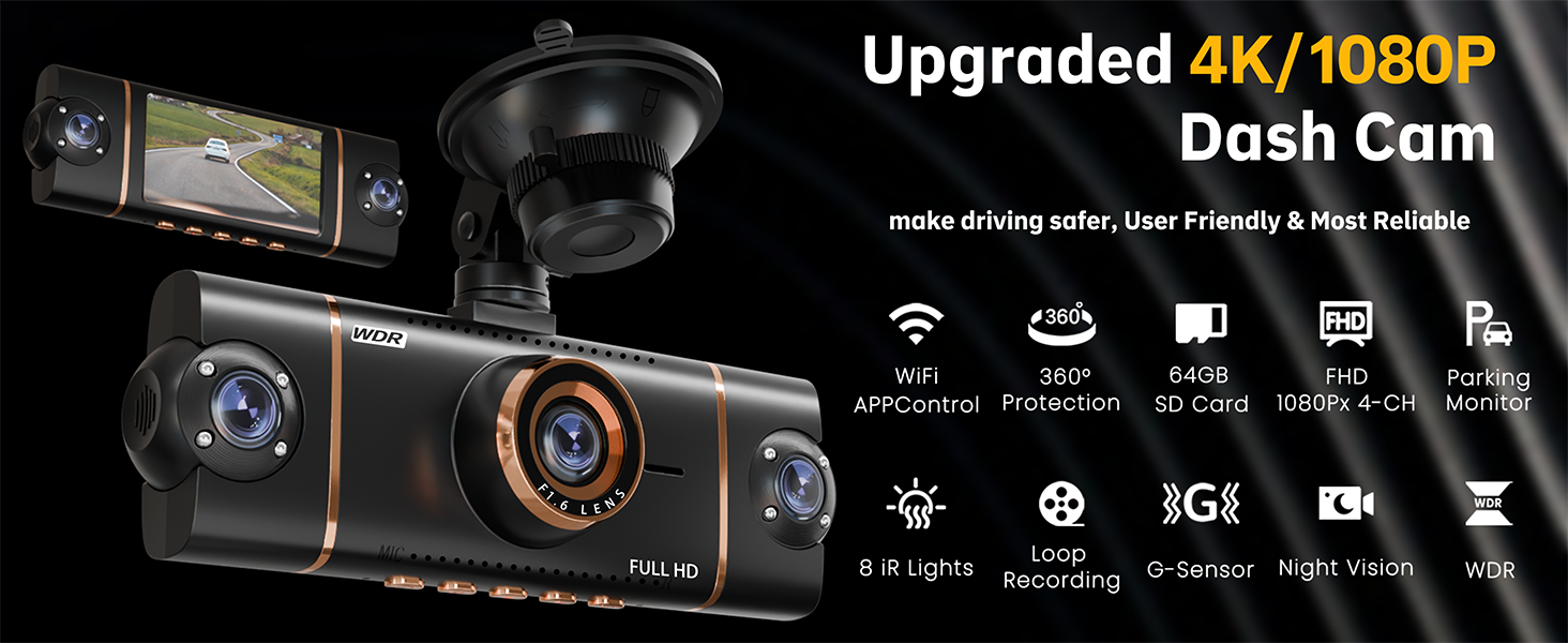 Text reads: 'Upgraded 4K/1080P Dash Cam'. Vehicle dashboard with mounted camera device displaying interface screen with multiple icons and settings.