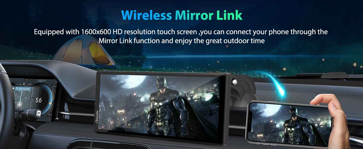 Car infotainment system with wireless mirror link feature. Shows 1600x600 HD resolution touch screen displaying game character, mirrored on smartphone held by hand.