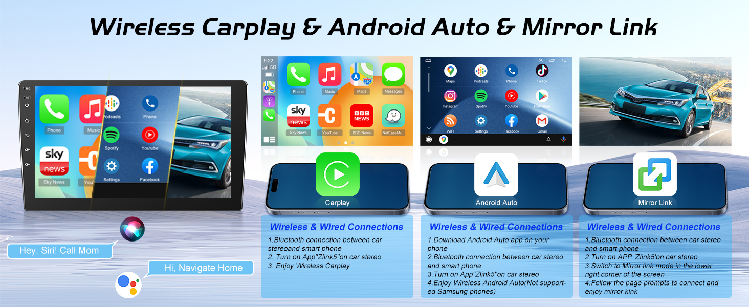 Text reads: 'Wireless Carplay & Android Auto & Mirror Link'. Product display showing car infotainment interface with multiple app icons and connection options across four linked demonstration panels.