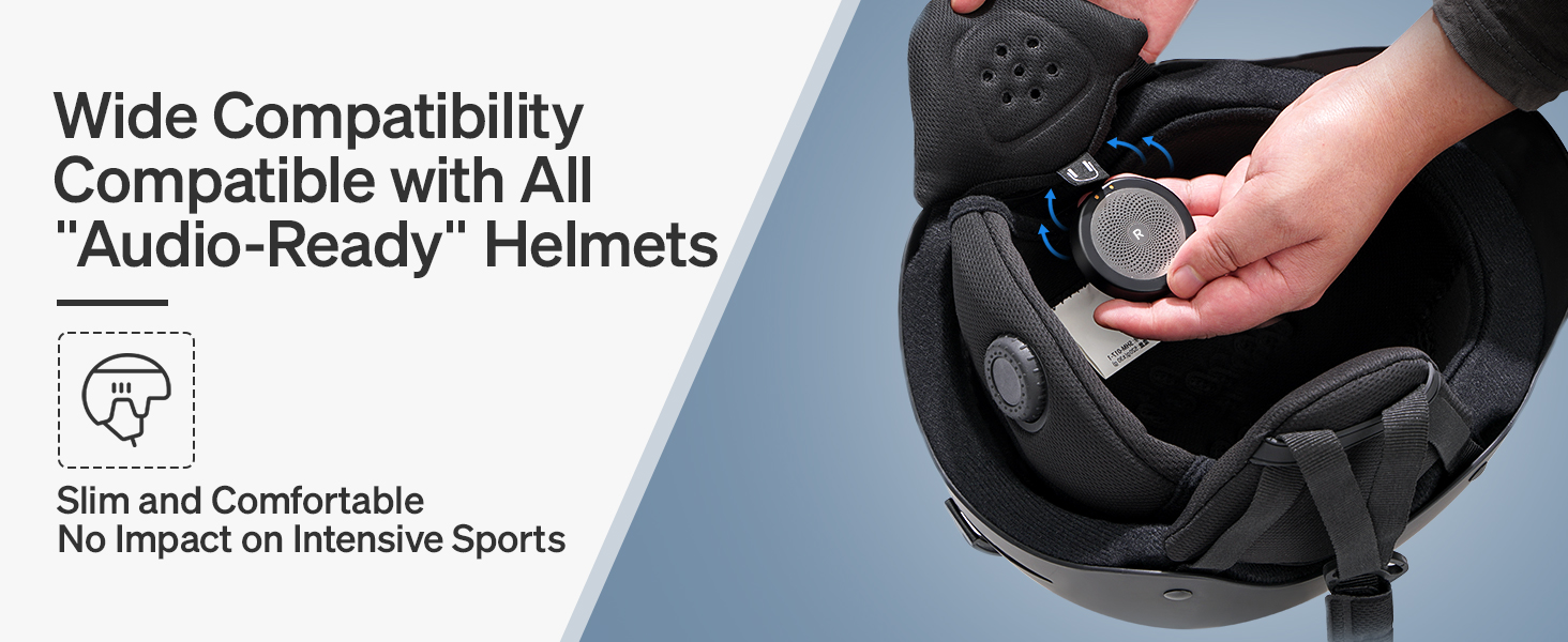 Slim audio device for helmets, compatible with all 'Audio-Ready' models. Hands shown installing the device into a helmet padding, emphasizing comfort and non-impact on sports performance.