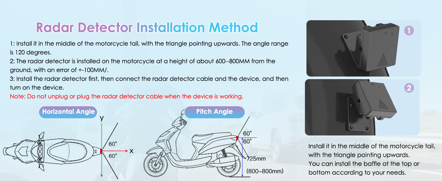 Text reads 'Radar Detector Installation Method'. Technical diagram showing proper mounting locations and installation steps for vehicle radar detector with numbered instructions.