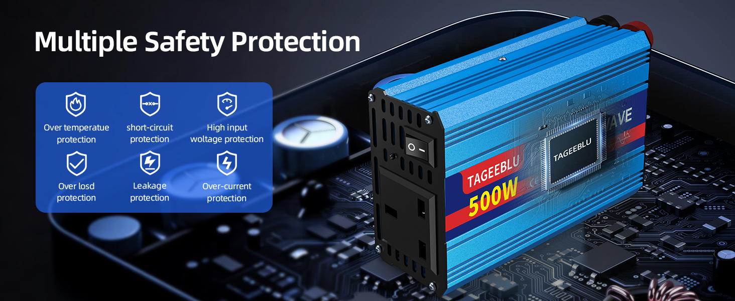 Text reads 'Multiple Safety Protection'. Product image shows blue power inverter with digital display and various safety features displayed through technical icons.