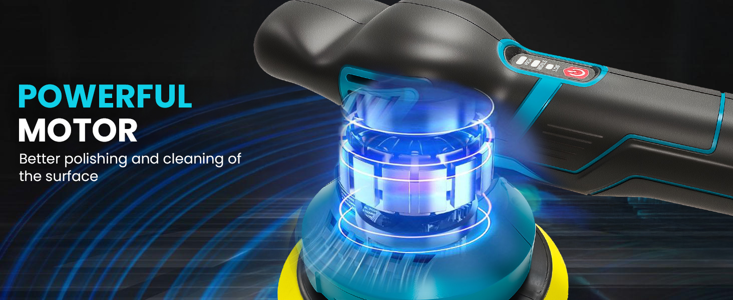 Text reads 'POWERFUL MOTOR'. Close-up shots of blue illuminated motor components with technical lighting effects showing mechanical details.