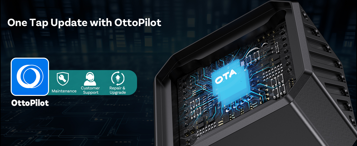 Text reads 'One Tap Update with OttoPilot', 'OttoPilot'. Digital interface showing software update screen with blue technological elements and icons.