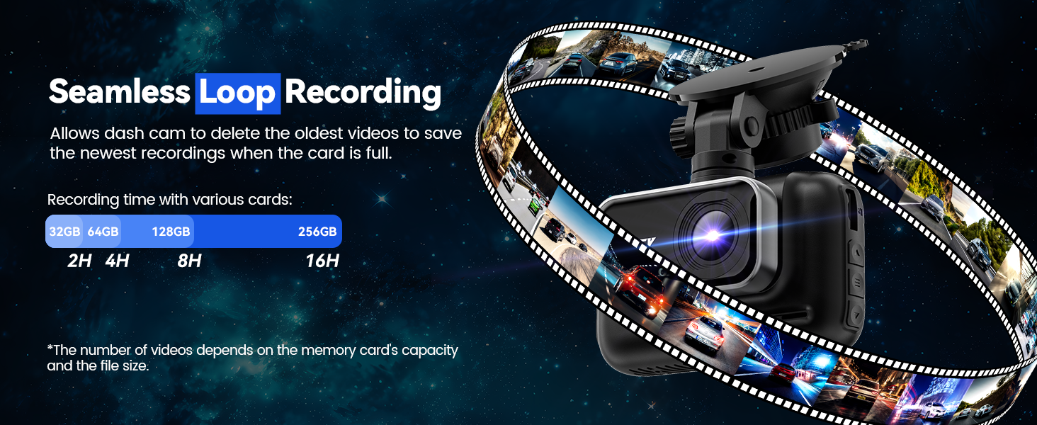 Circular film strip graphic illustrating 'Seamless Loop Recording' feature. Shows continuous video frames on a curved, glowing reel.