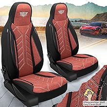 Text reads 'Fahrer Und Beifahrer', 'Schwarz - Grau', 'Black - Grey'. Car seat covers shown in grey quilted pattern material from multiple angles.