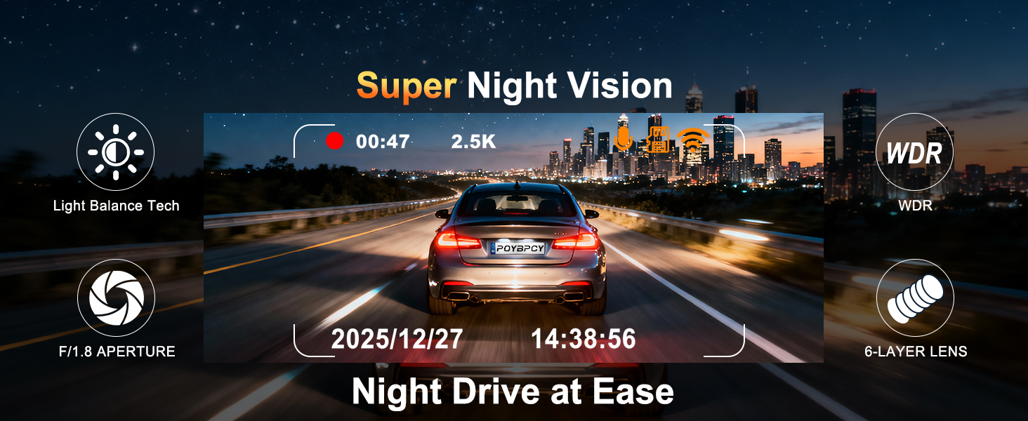 Text reads 'Super Night Vision' and 'Night Drive at Ease'. Dashboard camera view of nighttime driving on a highway with clear visibility of road ahead.
