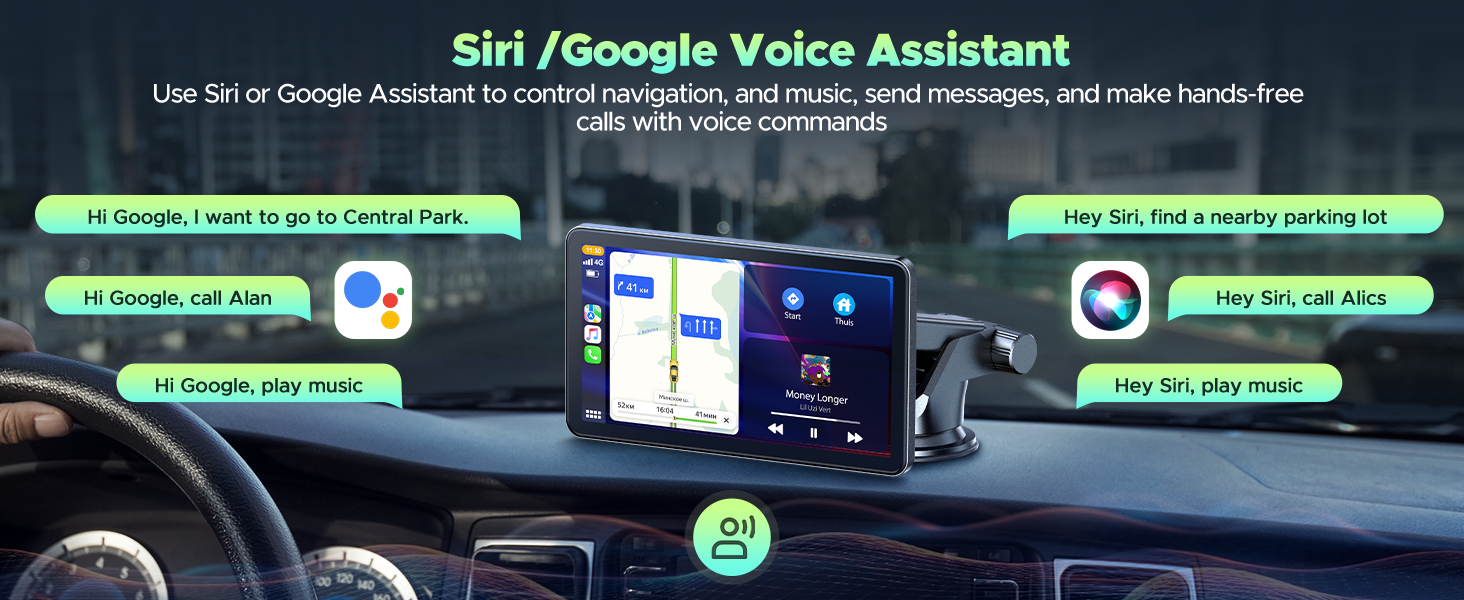 Car dashboard display showing voice assistant interface with text commands and responses for navigation and music control.